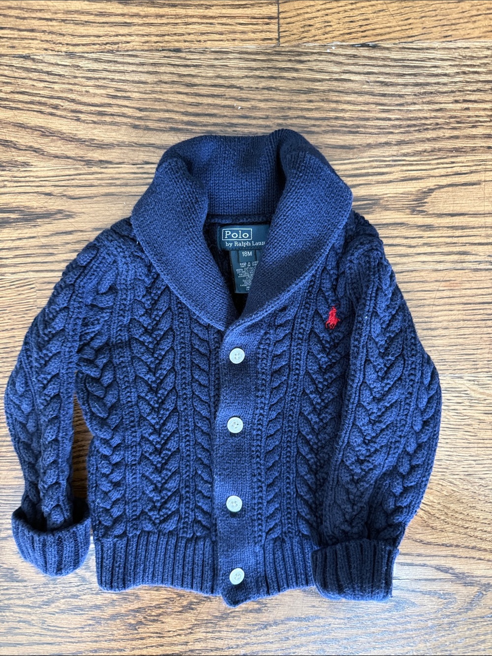 Polo by Ralph Lauren Navy Cable Knit Shawl-Collar Cardigan with Red Pony Logo